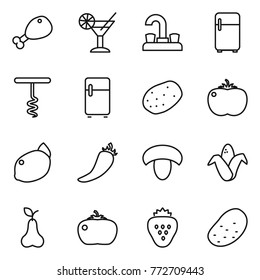 Thin line icon set : chicken leg, cocktail, water tap, fridge, corkscrew, potato, tomato, lemon, hot pepper, mushroom, corn, pear, strawberry