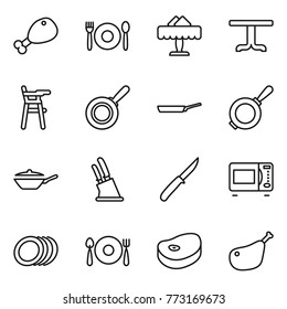 Thin line icon set : chicken leg, cafe, restaurant, table, Chair for babies, pan, knife holder, microwave oven, plates, fork spoon plate, steake