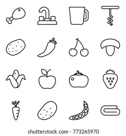Thin line icon set : chicken leg, water tap, cup, corkscrew, potato, hot pepper, cherry, mushroom, corn, apple, tomato, strawberry, carrot, peas, towel