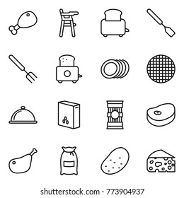 Thin line icon set : chicken leg, Chair for babies, toaster, spatula, big fork, plates, sieve, meal cap, cereals, pasta, steake, flour, potato, cheese