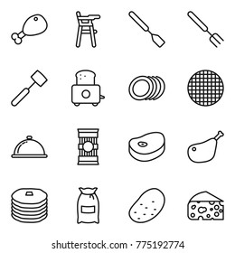 Thin line icon set : chicken leg, Chair for babies, spatula, big fork, meat hammer, toaster, plates, sieve, meal cap, pasta, steake, pancakes, flour, potato, cheese