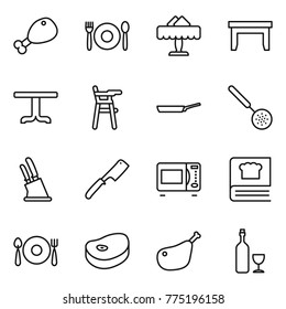 Thin line icon set : chicken leg, cafe, restaurant, table, Chair for babies, pan, skimmer, knife holder, chef, microwave oven, cooking book, fork spoon plate, steake, wine