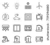 Thin line icon set : chip, bulb, sun power, windmill, battery charge, electric car, cpu, tv, air conditioning, switch, kettle, vacuum cleaner, microwave oven
