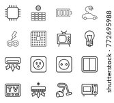 Thin line icon set : chip, sun power, battery, electric car, infinity, cpu, tv, bulb, air conditioning, socket, switch, vacuum cleaner, microwave oven