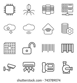 thin line icon set : chip, virus, server, cloude service, cloud wireless, home, virtual mining, cpu, unlock, bar code, surveillance, air conditioning, intercome, water pump
