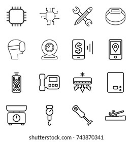 thin line icon set : chip, pencil wrench, smart bracelet, virtual mask, web cam, mobile pay, location, remote control, intercome, air conditioning, kitchen scales, handle, blender, soil cutter