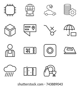 thin line icon set : chip, notebook globe, electric car, virtual mining, 3d, location details, do not trolley sign, insurance, workman, ticket, ring button, iron, rain cloud, clean window