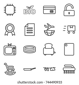thin line icon set : chip, bio, credit card, unlock, medal, document, plane shipping, fast deliver, tv, inflatable pool, toaster, cutting board, rocking chair, pan, drying clothe, brush