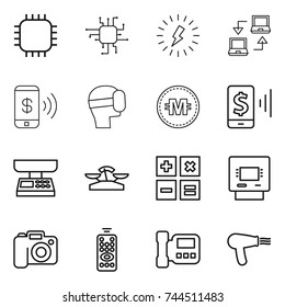 thin line icon set : chip, lightning, notebook connect, phone pay, virtual mask, crypto currency, mobile, market scales, calculator, atm, camera, remote control, intercome, hair dryer
