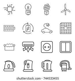 thin line icon set : chip, bulb, windmill, battery, charge, electric car, cpu, electrostatic, air conditioning, power socket, switch, kettle, vacuum cleaner