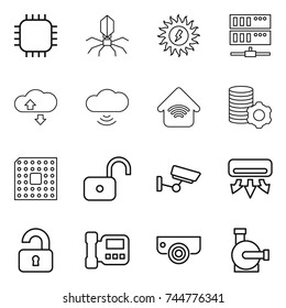 thin line icon set : chip, virus, sun power, server, cloude service, cloud wireless, home, virtual mining, cpu, unlock, surveillance, air conditioning, unlocked, intercome, camera, water pump
