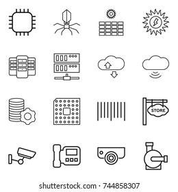 thin line icon set : chip, virus, sun power, server, cloude service, cloud wireless, virtual mining, cpu, bar code, store signboard, surveillance, intercome, camera, water pump