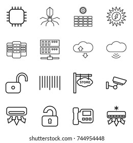 thin line icon set : chip, virus, sun power, server, cloude service, cloud wireless, unlock, bar code, store signboard, surveillance, air conditioning, unlocked, intercome