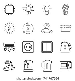 thin line icon set : chip, bulb, lightning, battery charge, electric car, electrostatic, air conditioning, power socket, switch, kettle, vacuum cleaner, microwave oven