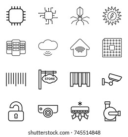 thin line icon set : chip, virus, sun power, server, cloud wireless, home, cpu, bar code, store signboard, surveillance, unlocked, camera, air conditioning, water pump
