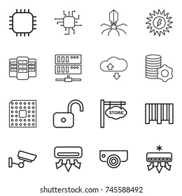thin line icon set : chip, virus, sun power, server, cloude service, virtual mining, cpu, unlock, store signboard, bar code, surveillance, air conditioning, camera