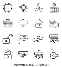 thin line icon set : chip, virus, sun power, server, cloud wireless, home, virtual mining, unlock, store signboard, surveillance, air conditioning, unlocked, camera, water pump
