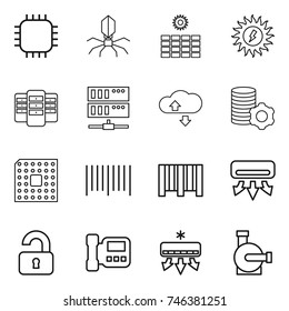 thin line icon set : chip, virus, sun power, server, cloude service, virtual mining, cpu, bar code, air conditioning, unlocked, intercome, water pump
