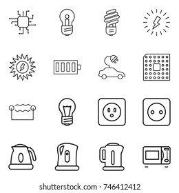 thin line icon set : chip, bulb, lightning, sun power, battery, electric car, cpu, electrostatic, socket, kettle, microwave oven