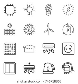 thin line icon set : chip, bulb, lightning, sun power, windmill, battery charge, cpu, electrostatic, air conditioning, socket, switch, kettle, vacuum cleaner
