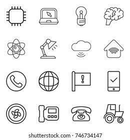 thin line icon set : chip, notebook, bulb, brain, atom, table lamp, cloud wireless, home, phone, globe, important flag, mobile checking, cooler fan, intercome, tractor