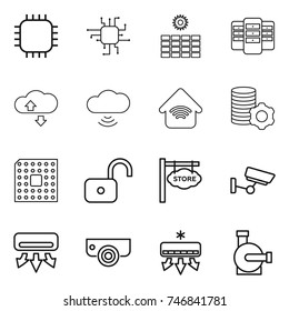 thin line icon set : chip, sun power, server, cloude service, cloud wireless, home, virtual mining, cpu, unlock, store signboard, surveillance, air conditioning, camera, water pump