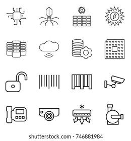 thin line icon set : chip, virus, sun power, server, cloud wireless, virtual mining, cpu, unlock, bar code, surveillance, intercome, camera, air conditioning, water pump