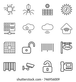 thin line icon set : chip, virus, sun power, server, cloude service, cloud wireless, home, cpu, unlock, bar code, store signboard, surveillance, unlocked, intercome