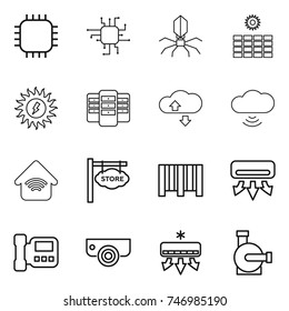 thin line icon set : chip, virus, sun power, server, cloude service, cloud wireless, home, store signboard, bar code, air conditioning, intercome, surveillance camera, water pump