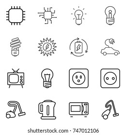 thin line icon set : chip, bulb, sun power, battery charge, electric car, tv, socket, vacuum cleaner, kettle, microwave oven