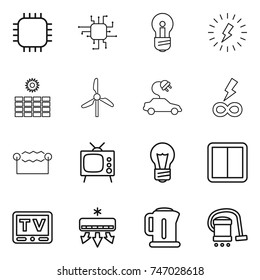 thin line icon set : chip, bulb, lightning, sun power, windmill, electric car, infinity, electrostatic, tv, switch, air conditioning, kettle, vacuum cleaner