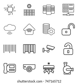 thin line icon set : chip, sun power, server, cloud wireless, home, virtual mining, unlock, bar code, surveillance, unlocked, intercome, camera, air conditioning, water pump