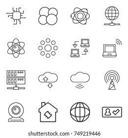 thin line icon set : chip, atom core, globe connect, round around, notebook, wireless, server, cloude service, cloud, antenna, web cam, smart house, check in