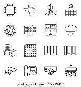 thin line icon set : chip, virus, sun power, server, cloud wireless, virtual mining, cpu, bar code, surveillance, intercome, camera, air conditioning