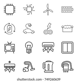 thin line icon set : chip, windmill, battery, charge, electric car, infinity power, electrostatic, tv, bulb, air conditioning, switch, vacuum cleaner, kettle