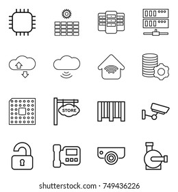 thin line icon set : chip, sun power, server, cloude service, cloud wireless, home, virtual mining, cpu, store signboard, bar code, surveillance, unlocked, intercome, camera, water pump