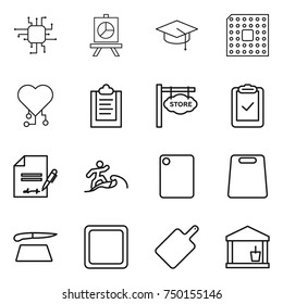 thin line icon set : chip, presentation, graduate hat, cpu, cardio, clipboard, store signboard, check, inventory, surfer, cutting board, utility room