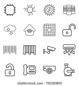 thin line icon set : chip, sun power, server, cloude service, wireless home, cpu, unlock, bar code, surveillance, air conditioning, unlocked, intercome, camera, water pump