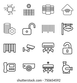 thin line icon set : chip, sun power, server, wireless home, virtual mining, unlock, bar code, store signboard, surveillance, air conditioning, unlocked, intercome, camera, water pump