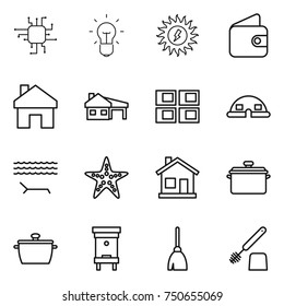 thin line icon set : chip, bulb, sun power, wallet, home, house with garage, panel, dome, lounger, starfish, pan, hive, broom, toilet brush