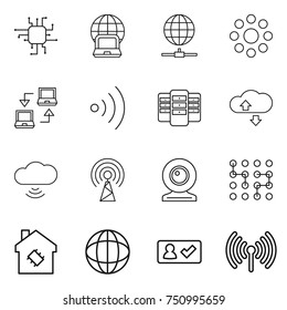 thin line icon set : chip, notebook globe, connect, round around, wireless, server, cloude service, cloud, antenna, web cam, smart house, check in