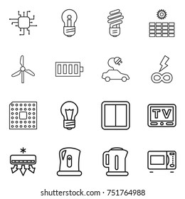 thin line icon set : chip, bulb, sun power, windmill, battery, electric car, infinity, cpu, switch, tv, air conditioning, kettle, microwave oven