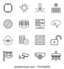 thin line icon set : chip, virus, sun power, server, cloude service, wireless home, virtual mining, cpu, unlock, store signboard, surveillance, camera, air conditioning