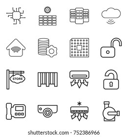 thin line icon set : chip, sun power, server, cloud wireless, home, virtual mining, cpu, unlock, store signboard, bar code, air conditioning, unlocked, intercome, surveillance camera, water pump