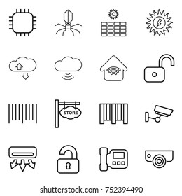 thin line icon set : chip, virus, sun power, cloude service, cloud wireless, home, unlock, bar code, store signboard, surveillance, air conditioning, unlocked, intercome, camera