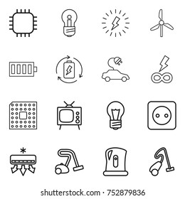 thin line icon set : chip, bulb, lightning, windmill, battery, charge, electric car, infinity power, cpu, tv, socket, air conditioning, vacuum cleaner, kettle