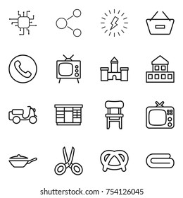 thin line icon set : chip, molecule, lightning, remove from basket, phone, tv, castle, cottage, scooter shipping, wardrobe, chair, pan, scissors, pretzel, towel
