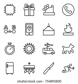 thin line icon set : chip, gift, cashbox, phone, route a to b, mobile location, loading crane, flammable, stopwatch, sun, transfer, dog, fridge, air conditioning, knife, vacuum cleaner
