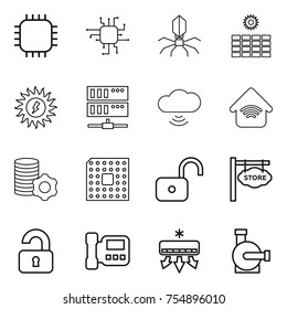 thin line icon set : chip, virus, sun power, server, cloud wireless, home, virtual mining, cpu, unlock, store signboard, unlocked, intercome, air conditioning, water pump