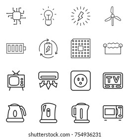 thin line icon set : chip, bulb, lightning, windmill, battery, charge, cpu, electrostatic, tv, air conditioning, power socket, kettle, microwave oven